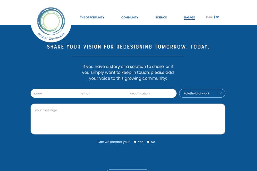 Screenshot of the globalcommons.earth website contact page