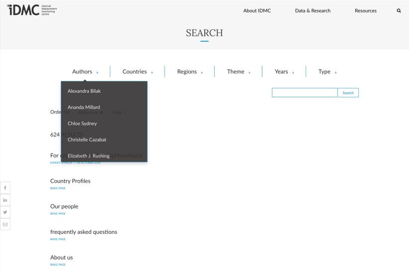 Screenshot of the IDMC website search page