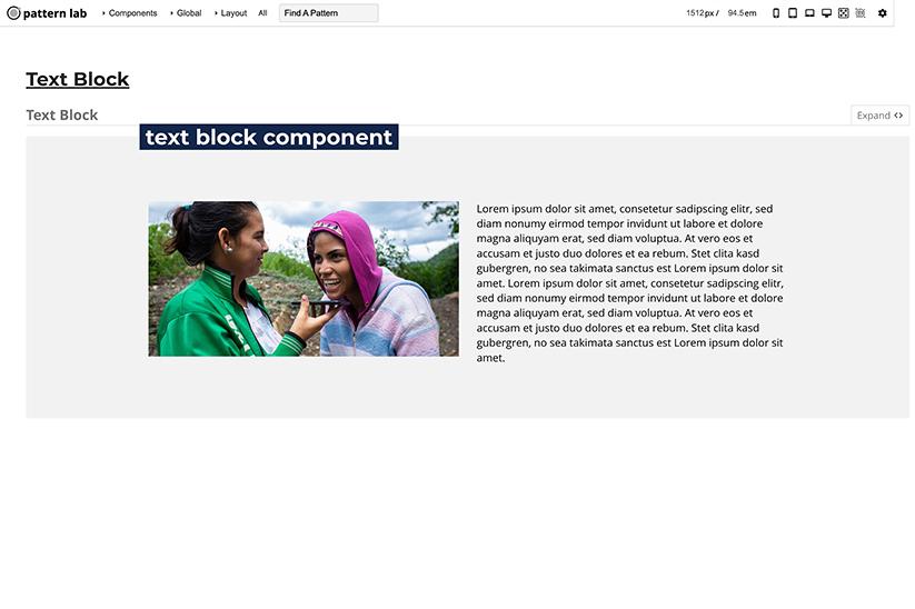 A screenshot showing the text block component in the IFRC.org style guide.